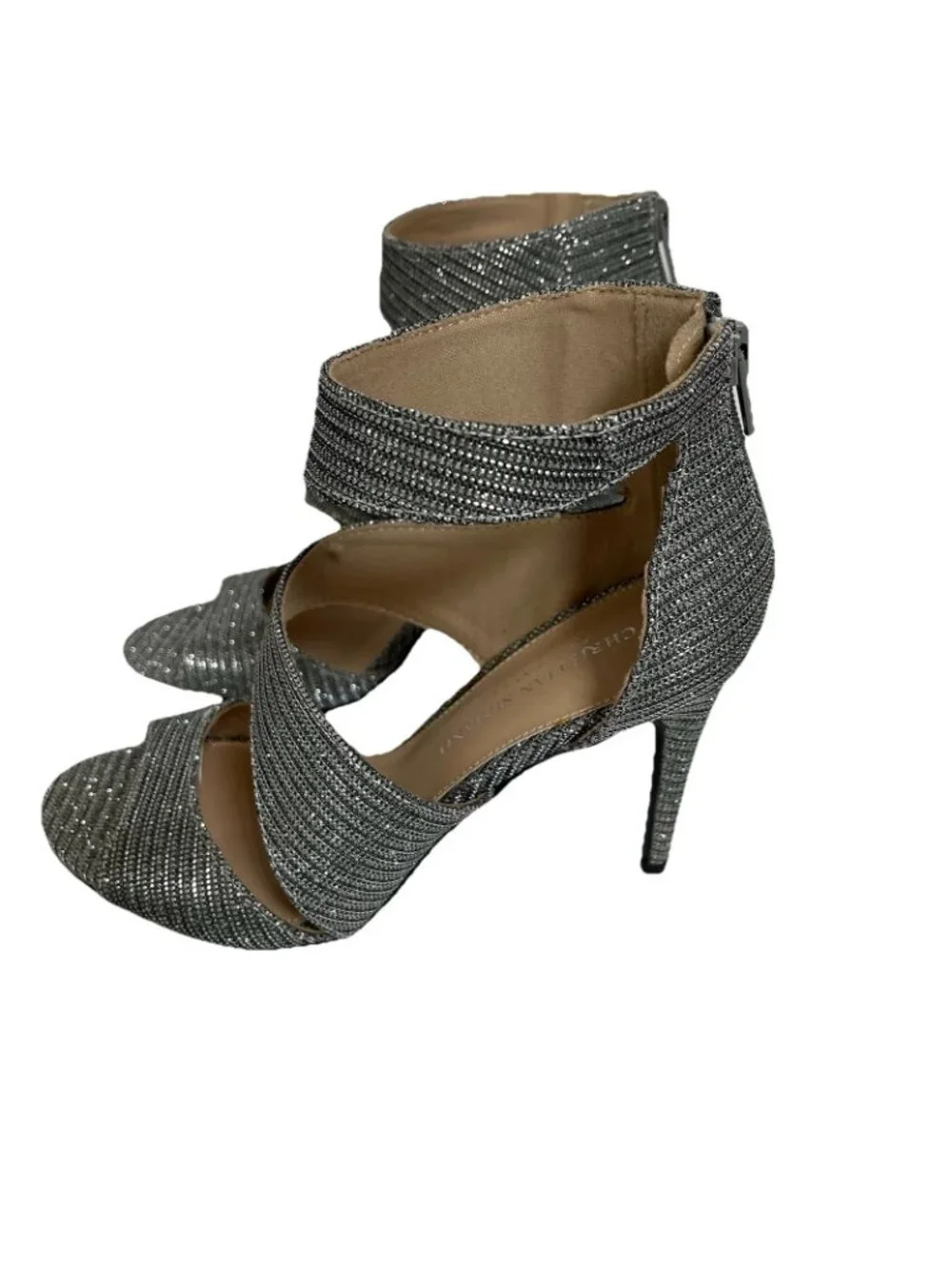 Christian Siriano Heels Silver Sparkle Wrap Ankle Open Toe Shoes